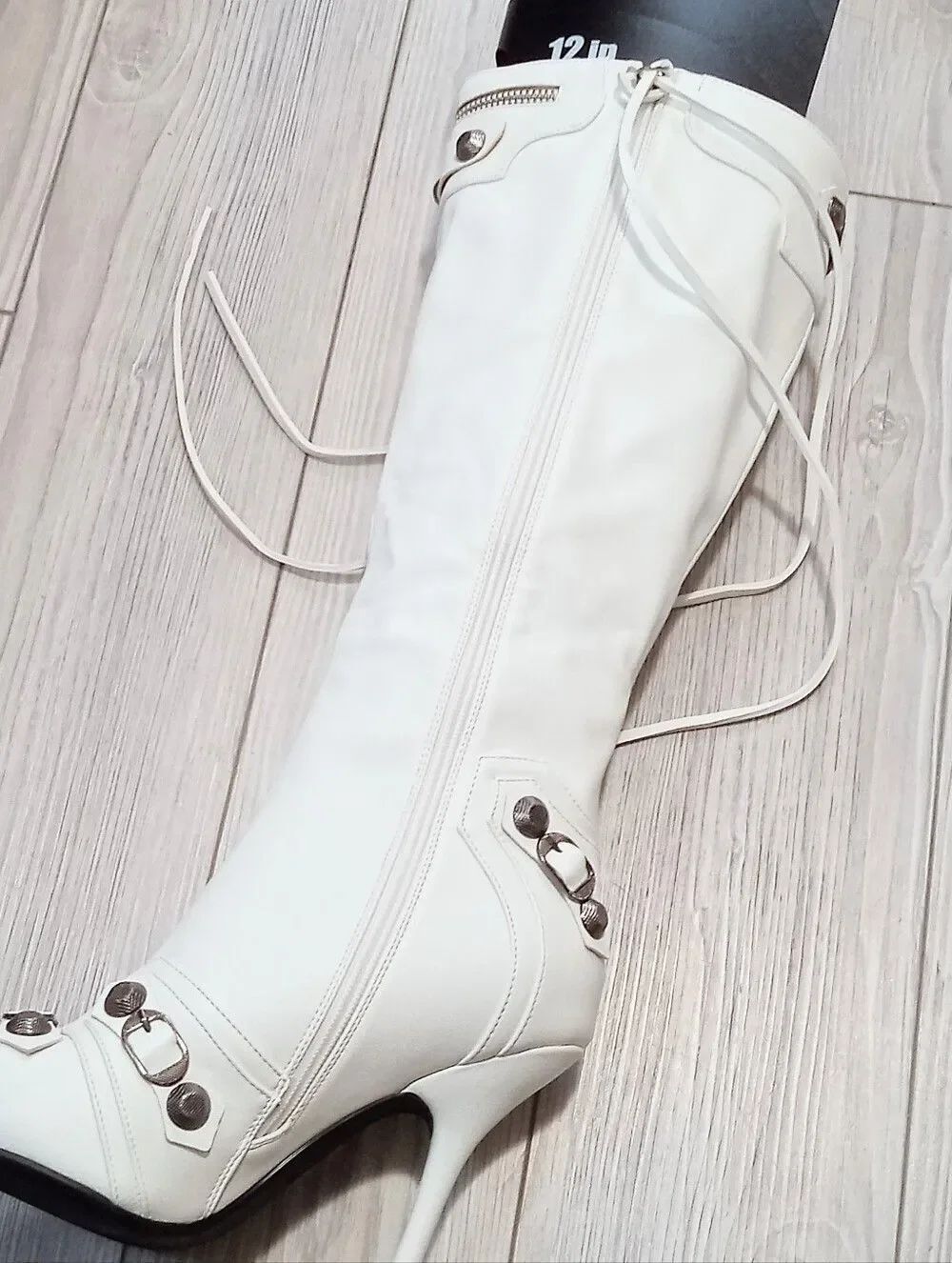 (ST1-6076) Women's White Knee - High Pointed Stiletto Boots Sz 10 - Picture 14 of 17